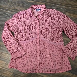 DCC Missy Pink Floral Print Lace Trim Button Up Shirt Blouse Top XL